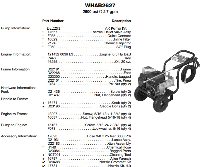 Water Driver WHAB2627 pressure washer parts